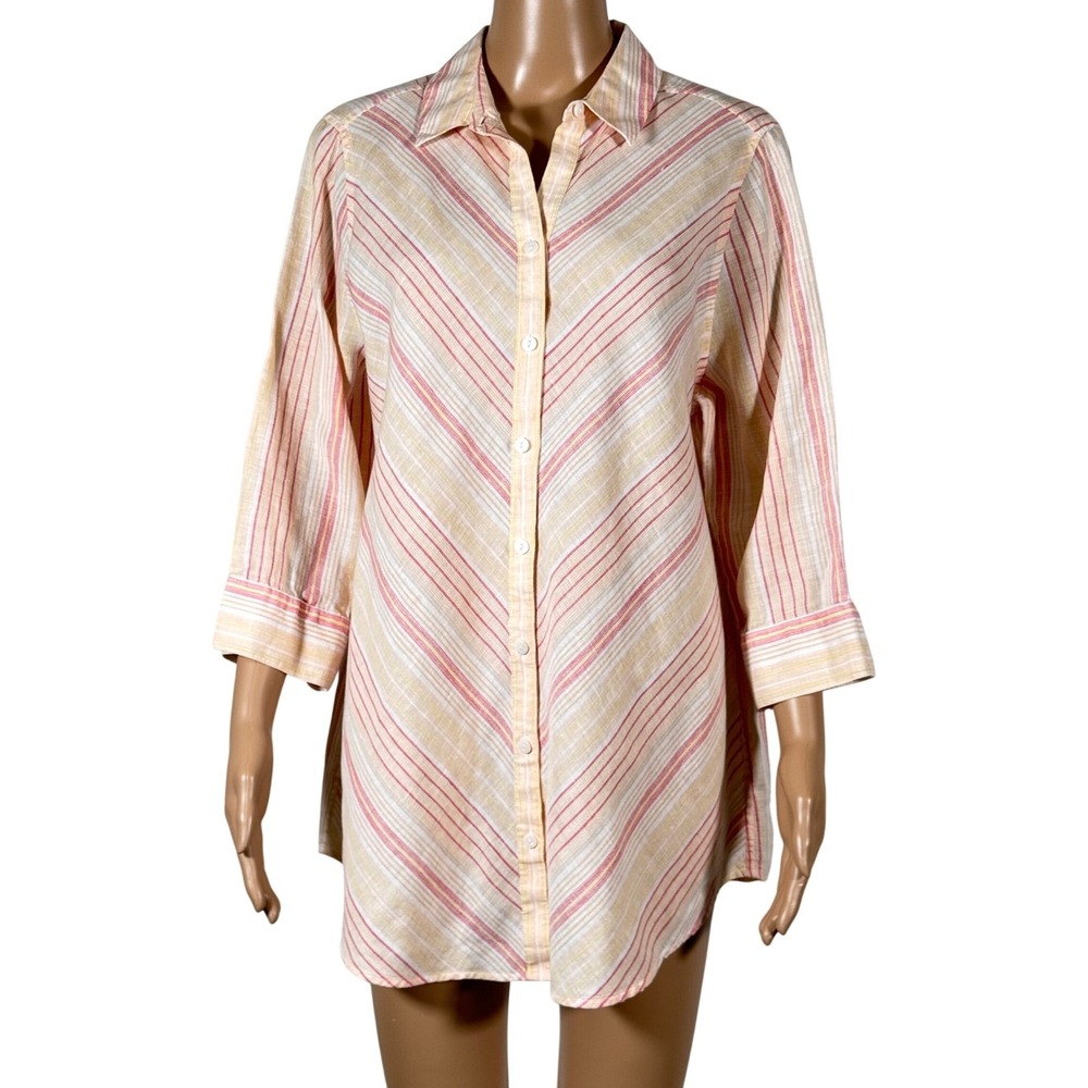 Chicos No Iron Linen Blend Stripe Button Shirt Tunic Women Size 2